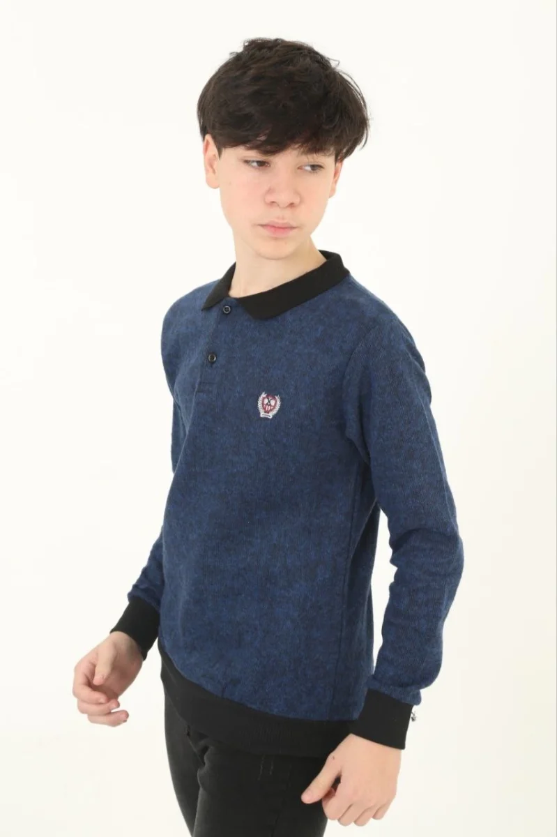 Selanik Yaka Nakışlı Kazak - Lacivert -