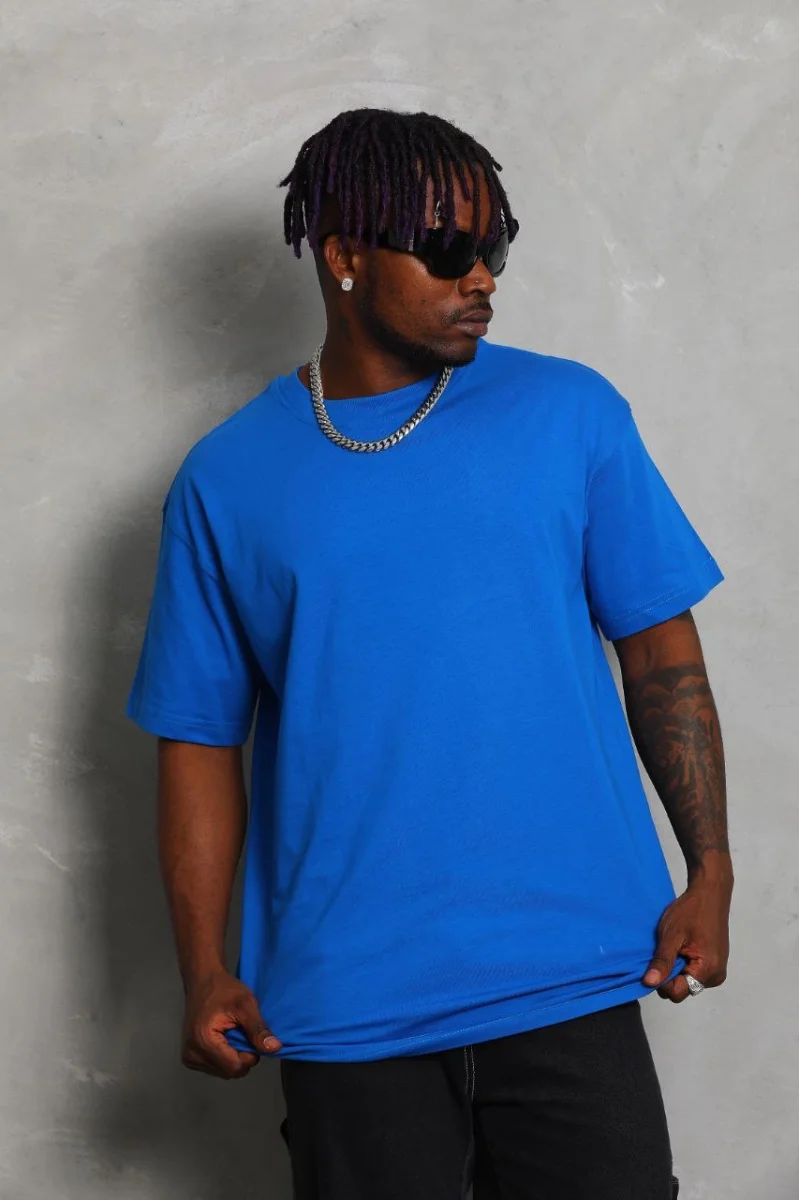Oversize Düz Bisiklet Yaka T-Shirt - Mavi -