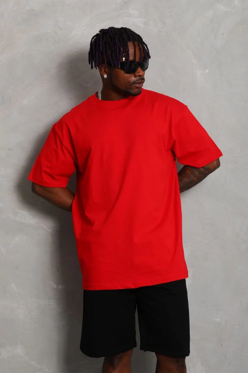 Oversize Düz Bisiklet Yaka T-Shirt - Kırmızı -
