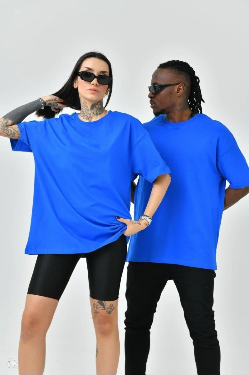 Basic Bisiklet Yaka Oversize T-Shirt - Mavi -