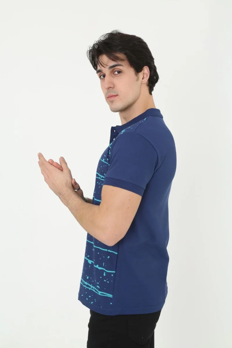 Yakalı Slim Fit Pike Çizgili T-Shirt - Mavi -