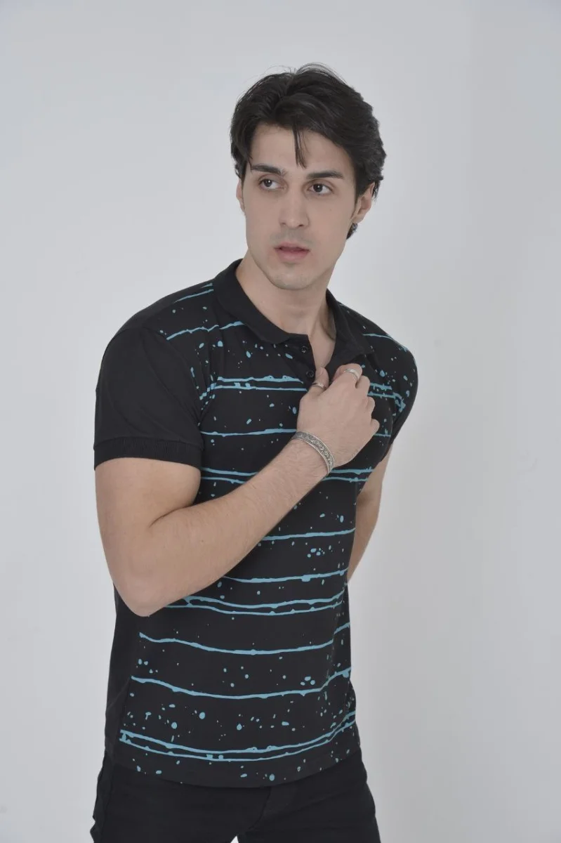 Yakalı Slim Fit Pike Çizgili T-Shirt - Siyah -