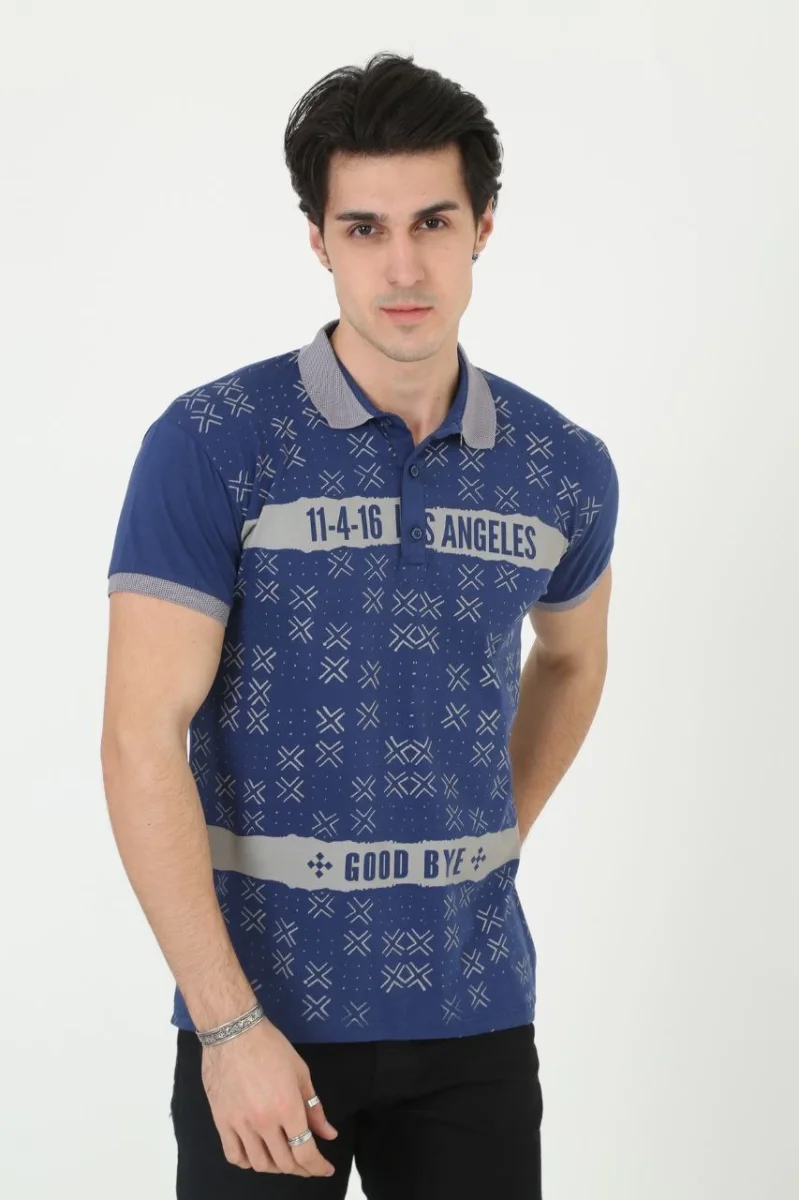 Yakalı Slim Fit Baskılı T-Shirt - Mavi -