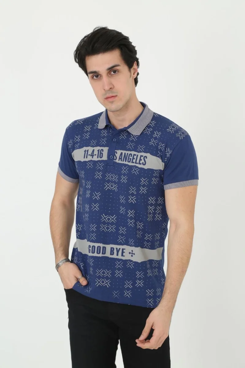 Yakalı Slim Fit Baskılı T-Shirt - Mavi -