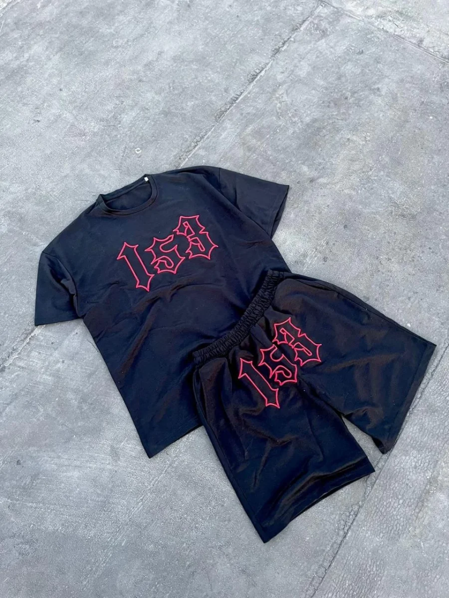 Nakış İşlemeli Şortlu Takım - Siyah -