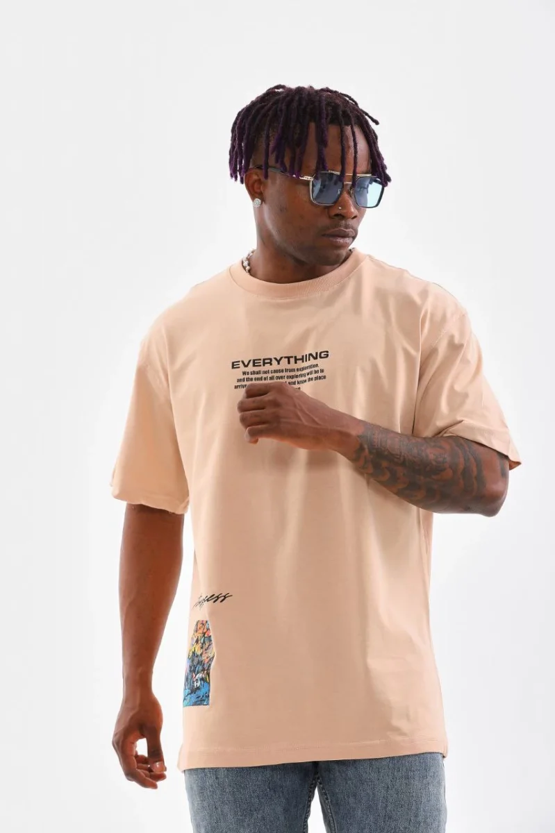 Bisiklet Yaka Baskılı Oversize T-Shirt - Bej -