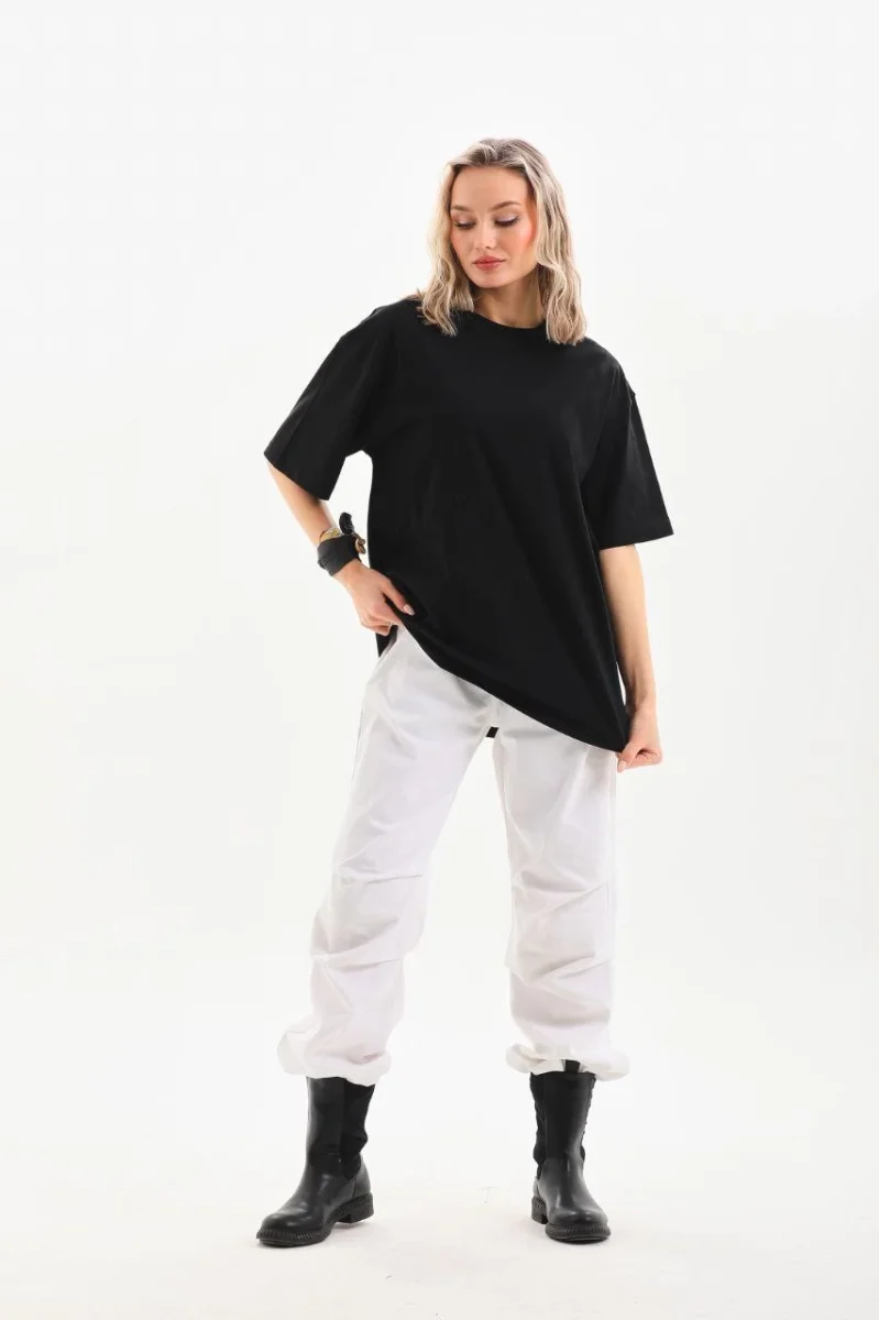 Bisiklet Yaka 20/1 Düz Oversize T-Shirt - Siyah -