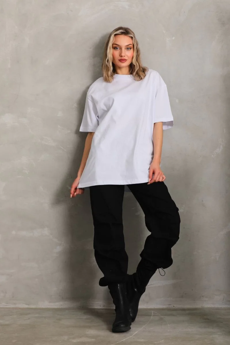 Bisiklet Yaka 20/1 Düz Oversize T-Shirt - Beyaz -