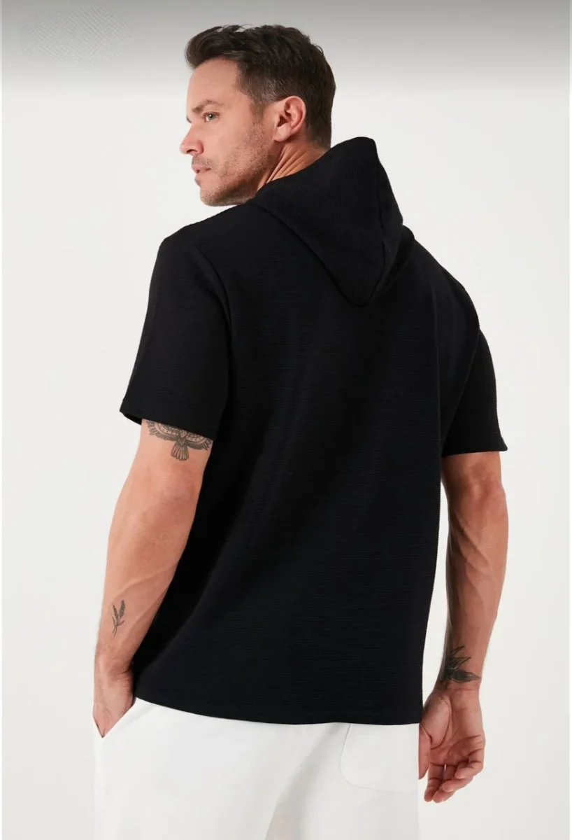 Kapşonlu Kısa Kol Düz Oversize T-shirt - Siyah -