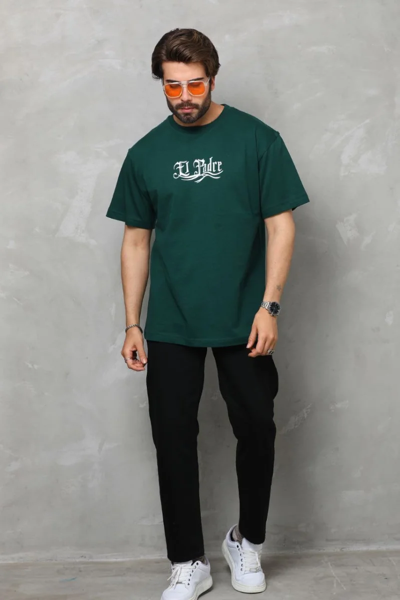 Bisiklet Yaka Baskılı Oversize T-Shirt - Yeşil -