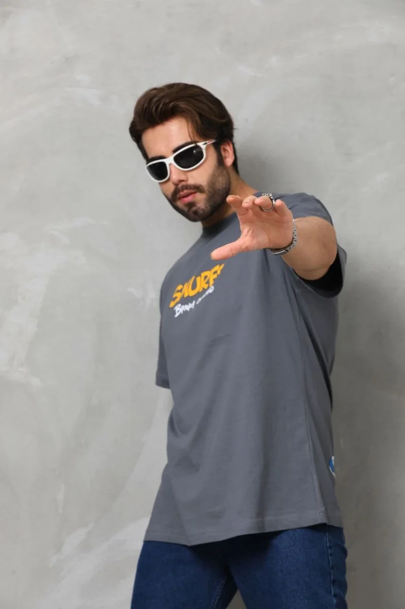 Basic Bisiklet Yaka Oversize T-Shirt - Füme -