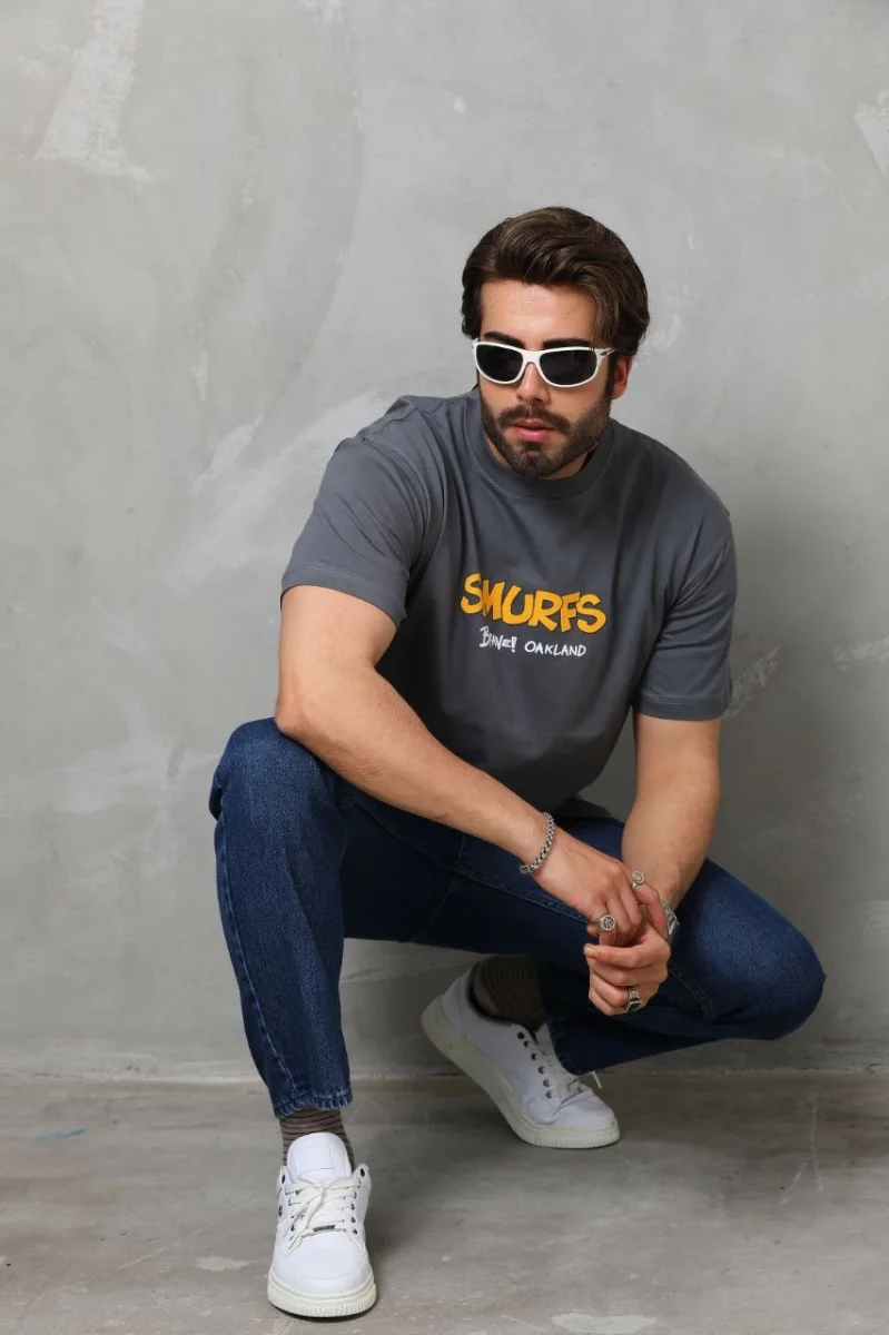 Basic Bisiklet Yaka Oversize T-Shirt - Füme -