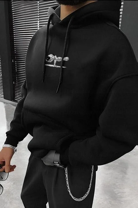 Baskılı Kapüşonlu ve Kordon İpli Sweat - Siyah -