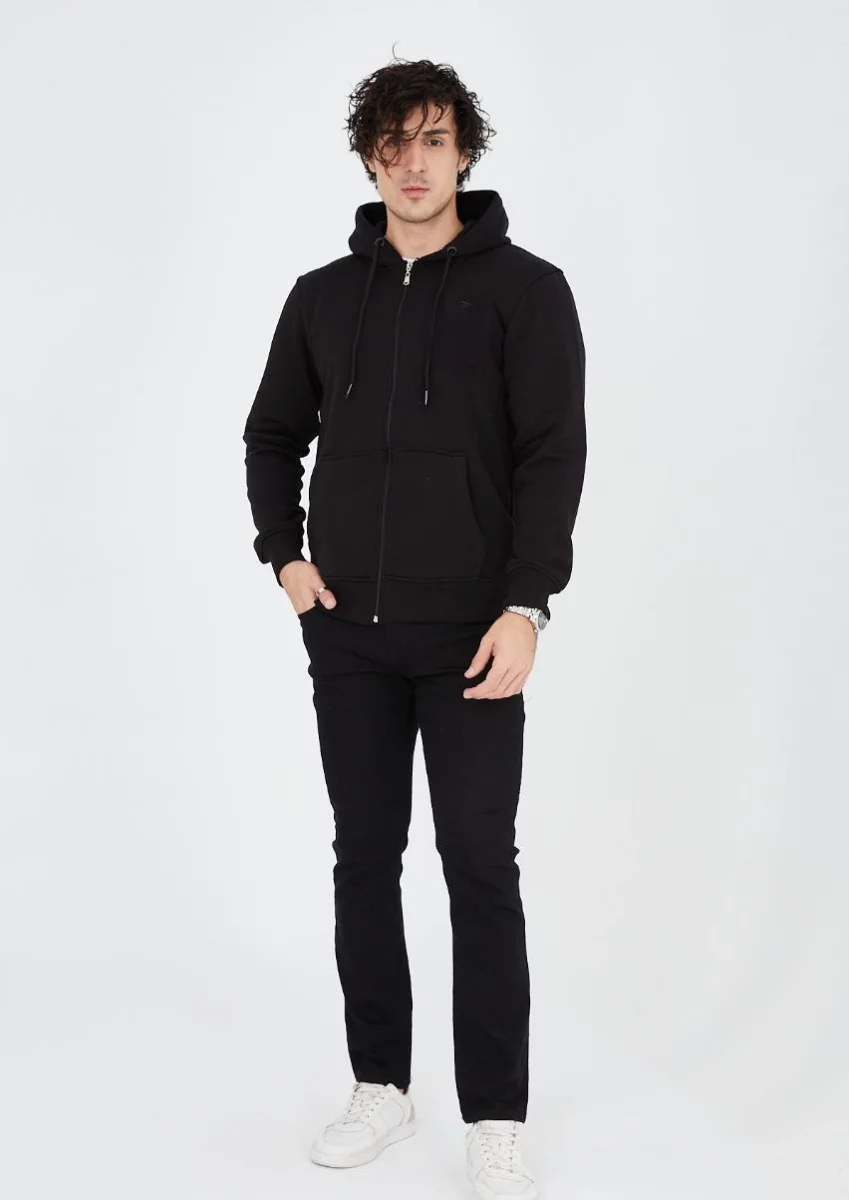 Tam Fermuarlı Kapşonlu  SweatShirt - Siyah -
