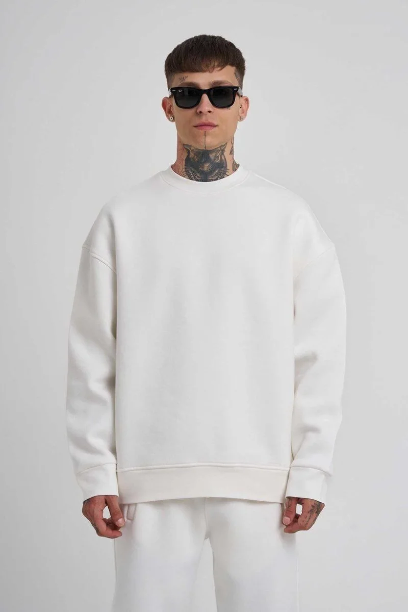 Biskilet Yaka Üç İplik SweatShirt - Beyaz -