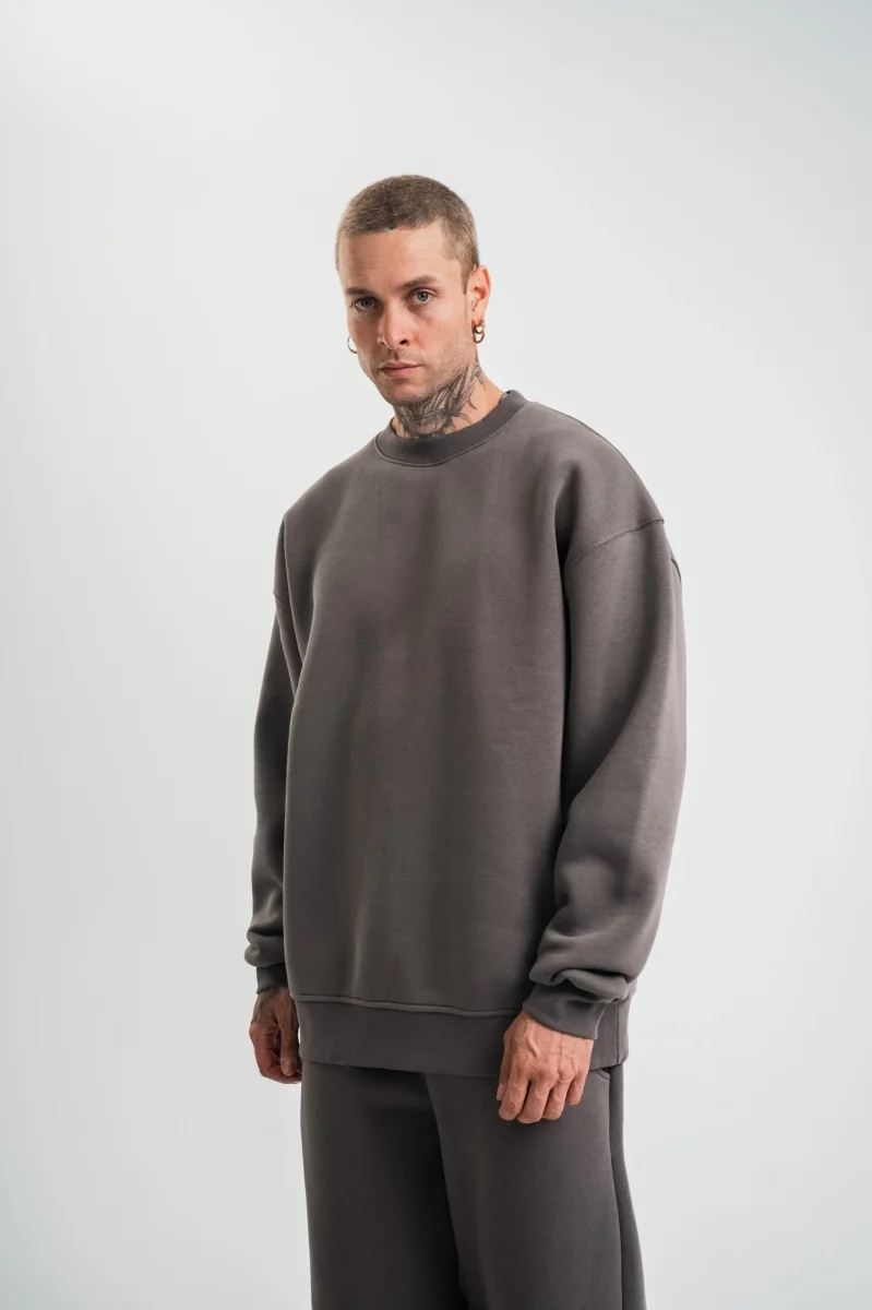 Uzun Kol Bisiklet Yaka Basic SweatShirt - Füme -