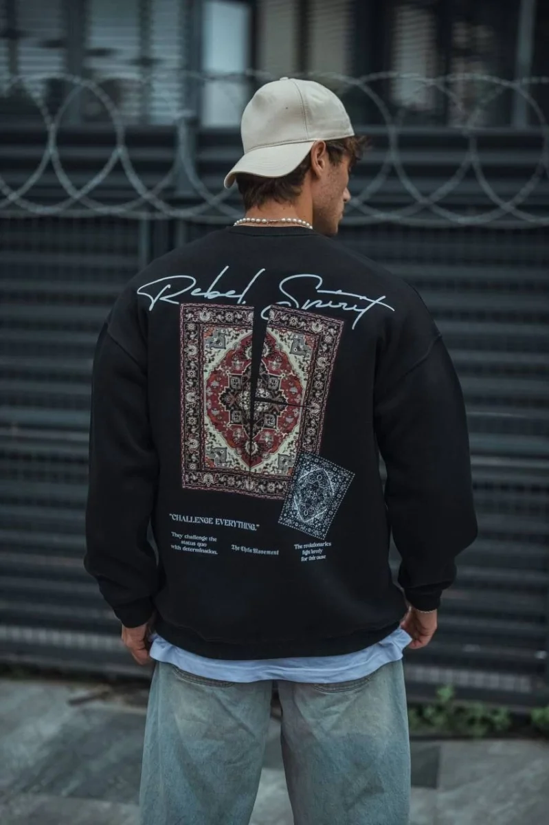 Uzun Kol Bisiklet Yaka Baskılı SweatShirt - Siyah -
