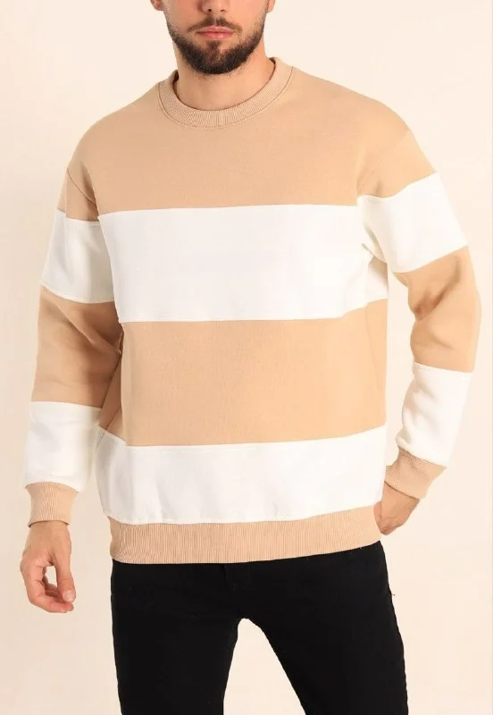 Parçalı Bisiklet Yaka Baskılı SweatShirt - Bej -