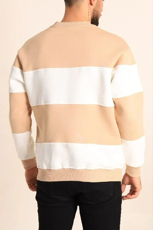 Parçalı Bisiklet Yaka Baskılı SweatShirt - Bej -