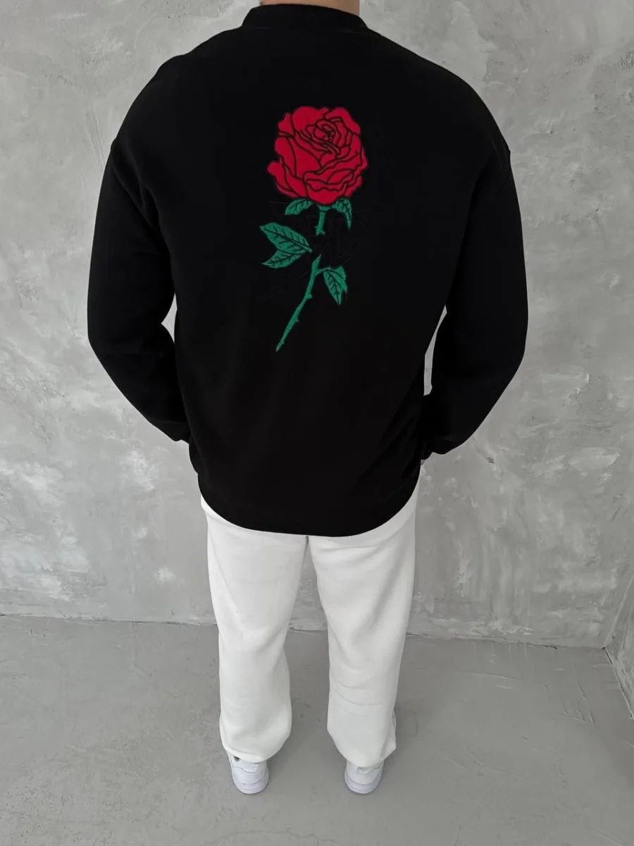 Bisiklet Yaka Ön Ve Arka Baskılı SweatShirt - Siyah -