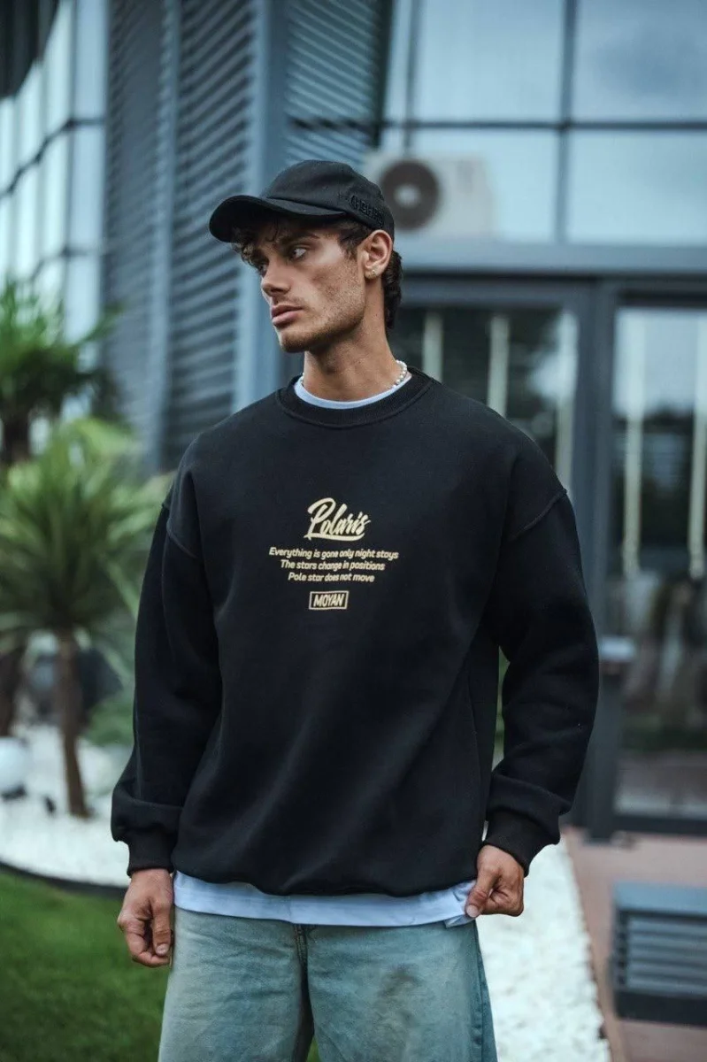 Kışlık Bisiklet Yaka Ön Ve Arka Baskılı SweatShirt - Siyah -