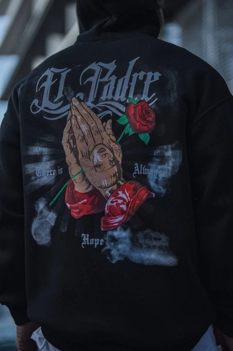 Üç İplik Penye Kapşonlu Baskılı SweatShirt - Siyah -