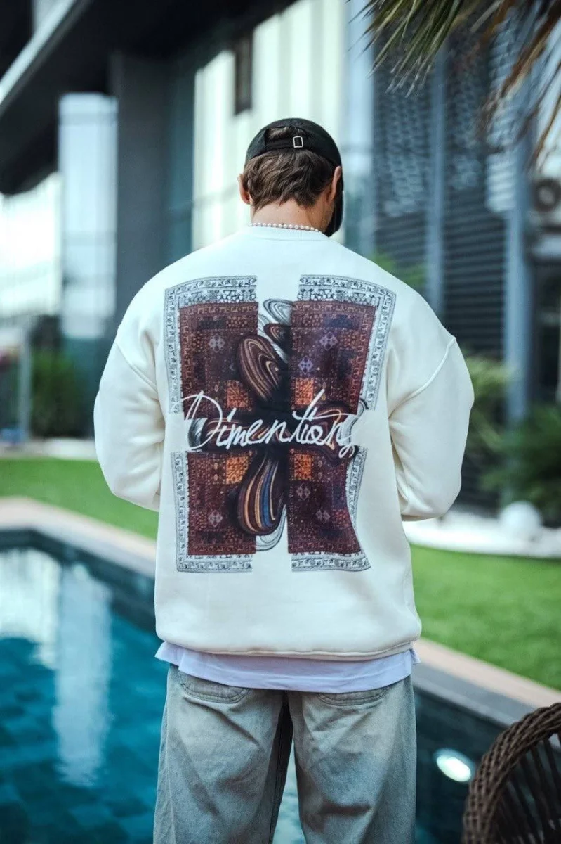 Uzun Kol Bisiklet Yaka Ön ve Arka Baskılı SweatShirt - Beyaz -