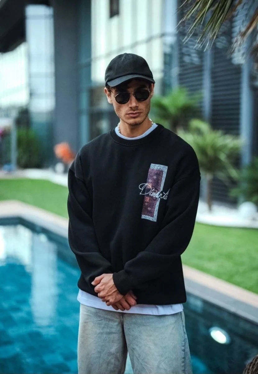 Uzun Kol Bisiklet Yaka Ön ve Arka Baskılı SweatShirt - Siyah -