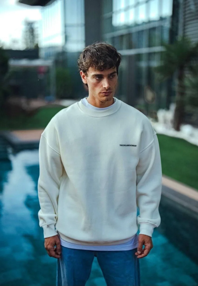 Kışlık Bisiklet Yaka Oversize Baskılı SweatShirt - Beyaz -