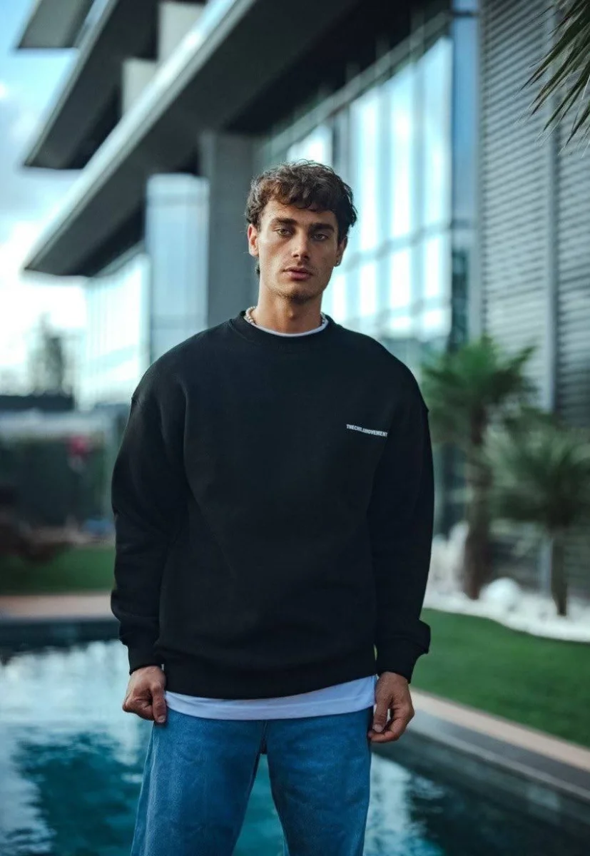 Kışlık Bisiklet Yaka Oversize Baskılı SweatShirt - Siyah -