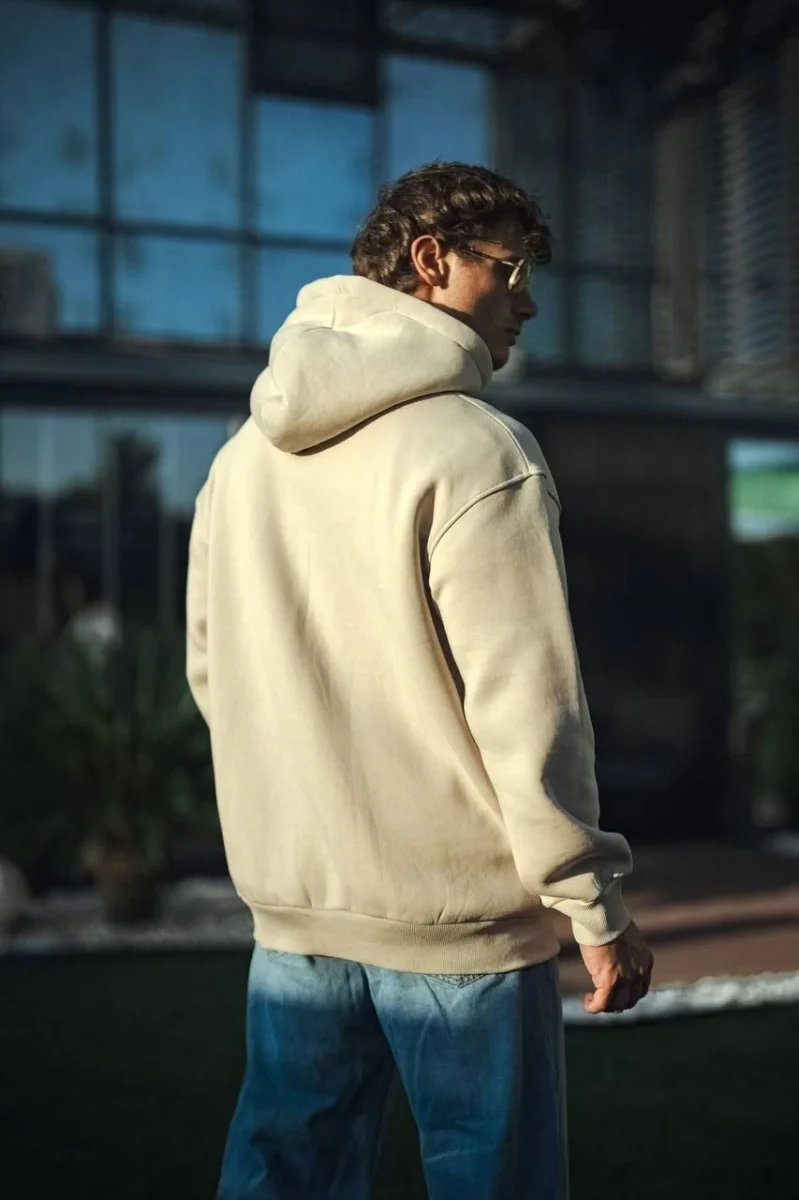 Üç İplik Penye Kapşonlu Basic SweatShirt - Bej -