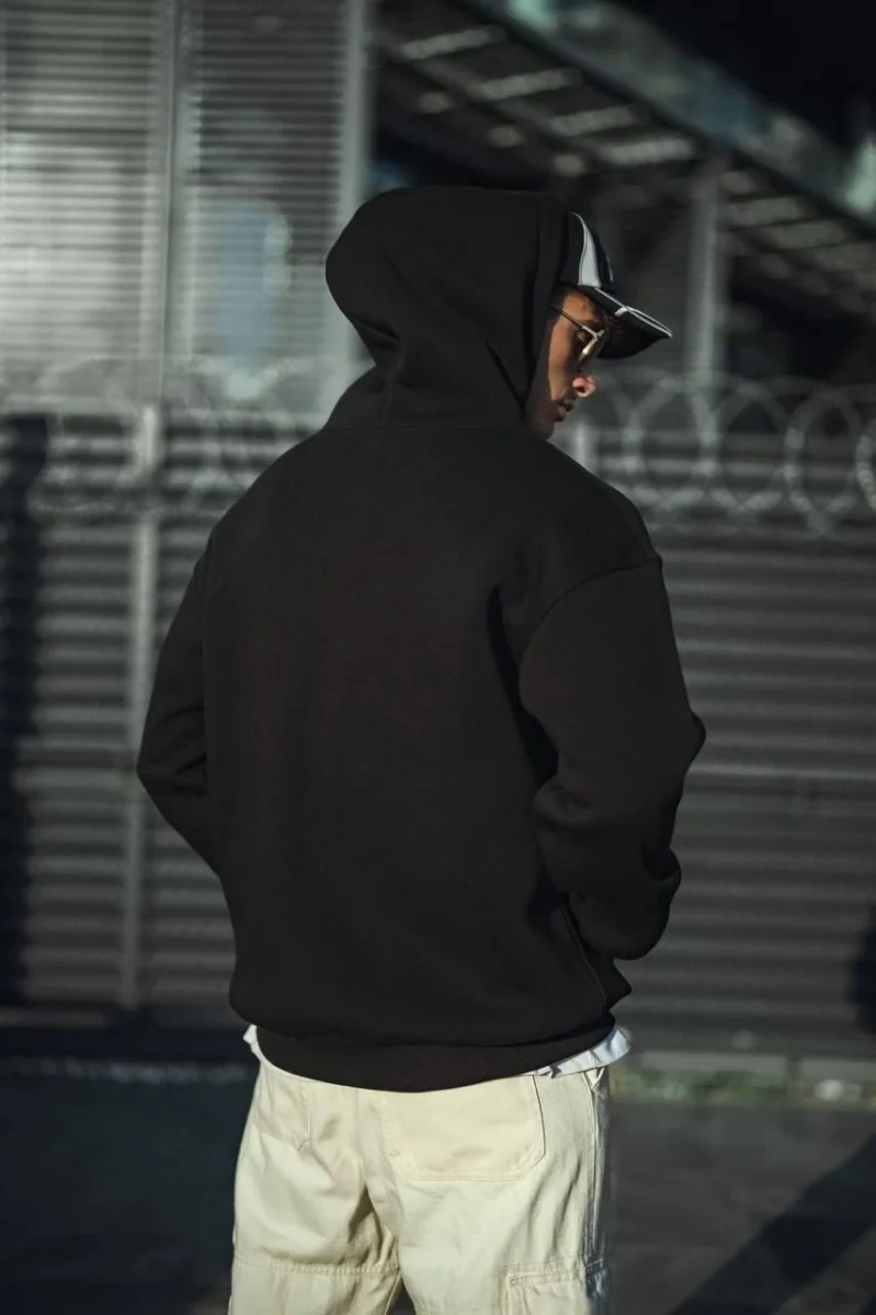 Üç İplik Penye Kapşonlu Basic SweatShirt - Siyah -