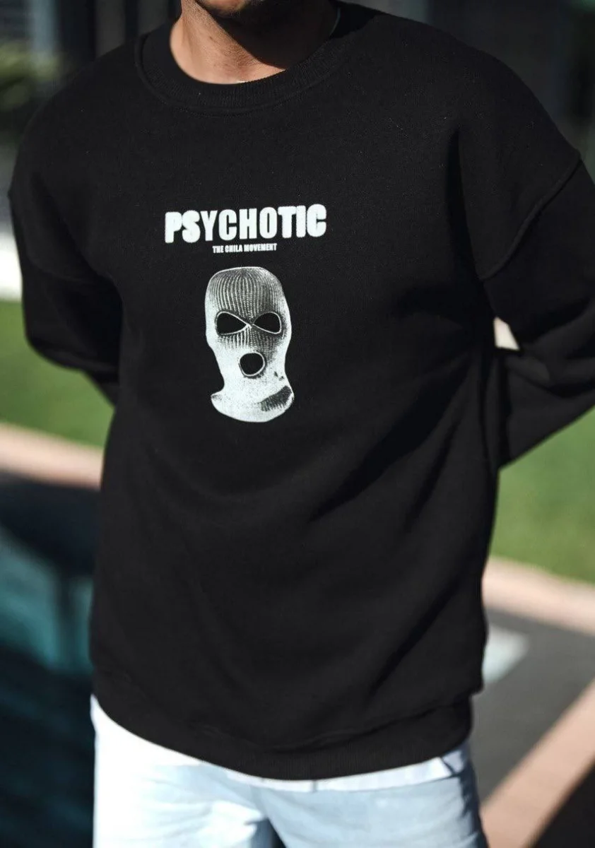 Kışlık Bisiklet Yaka Baskılı SweatShirt - Siyah -