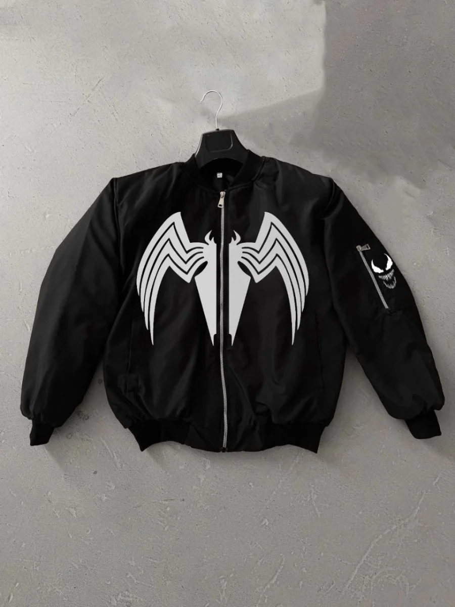 Siyah Bomber Mont – Venom Beyaz Örümcek Logolu,- Siyah -