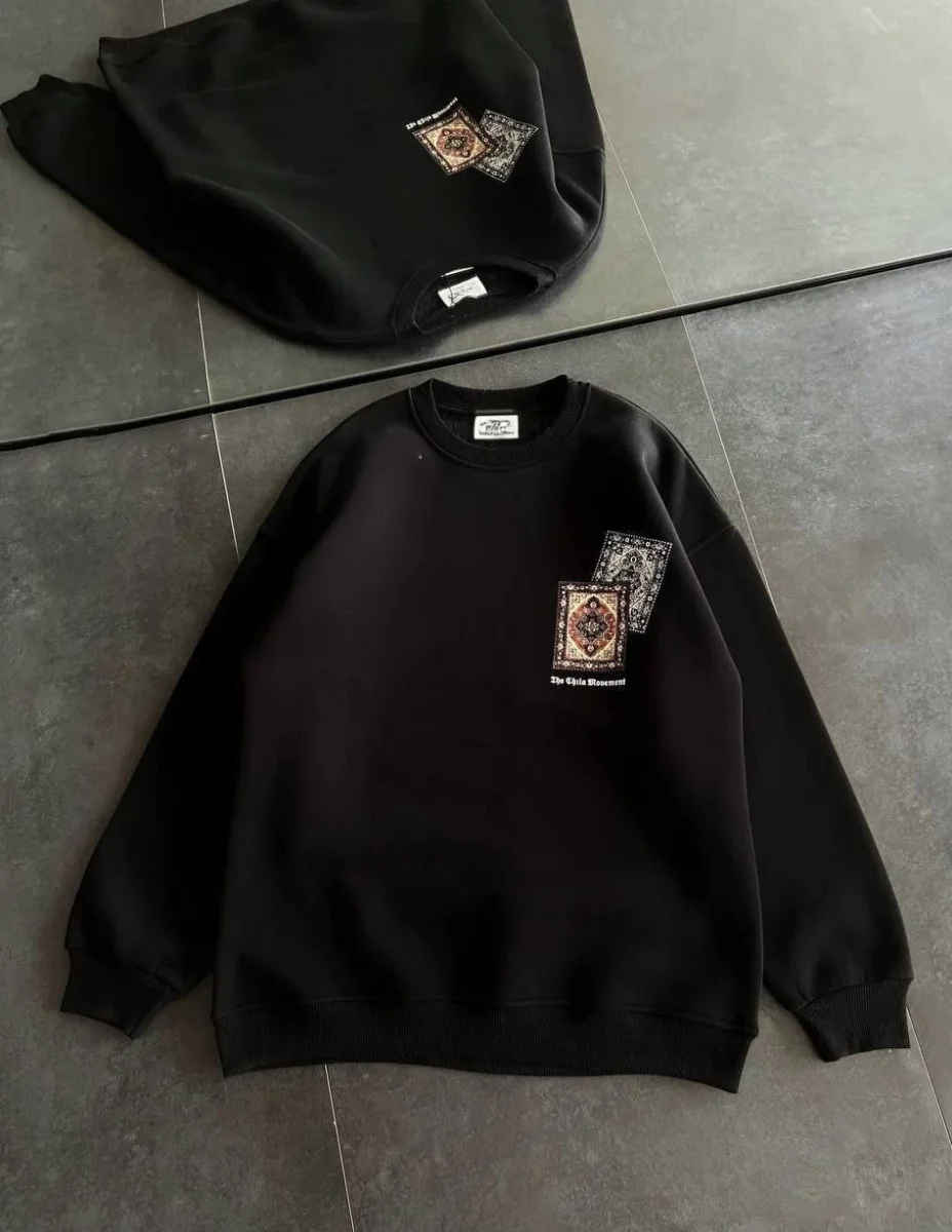 Bisiklet Yaka Baskılı SweatShirt - Siyah -