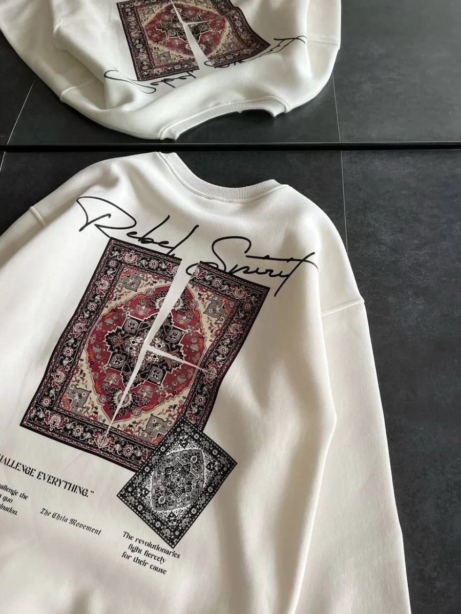 Bisiklet Yaka Baskılı SweatShirt - Beyaz -