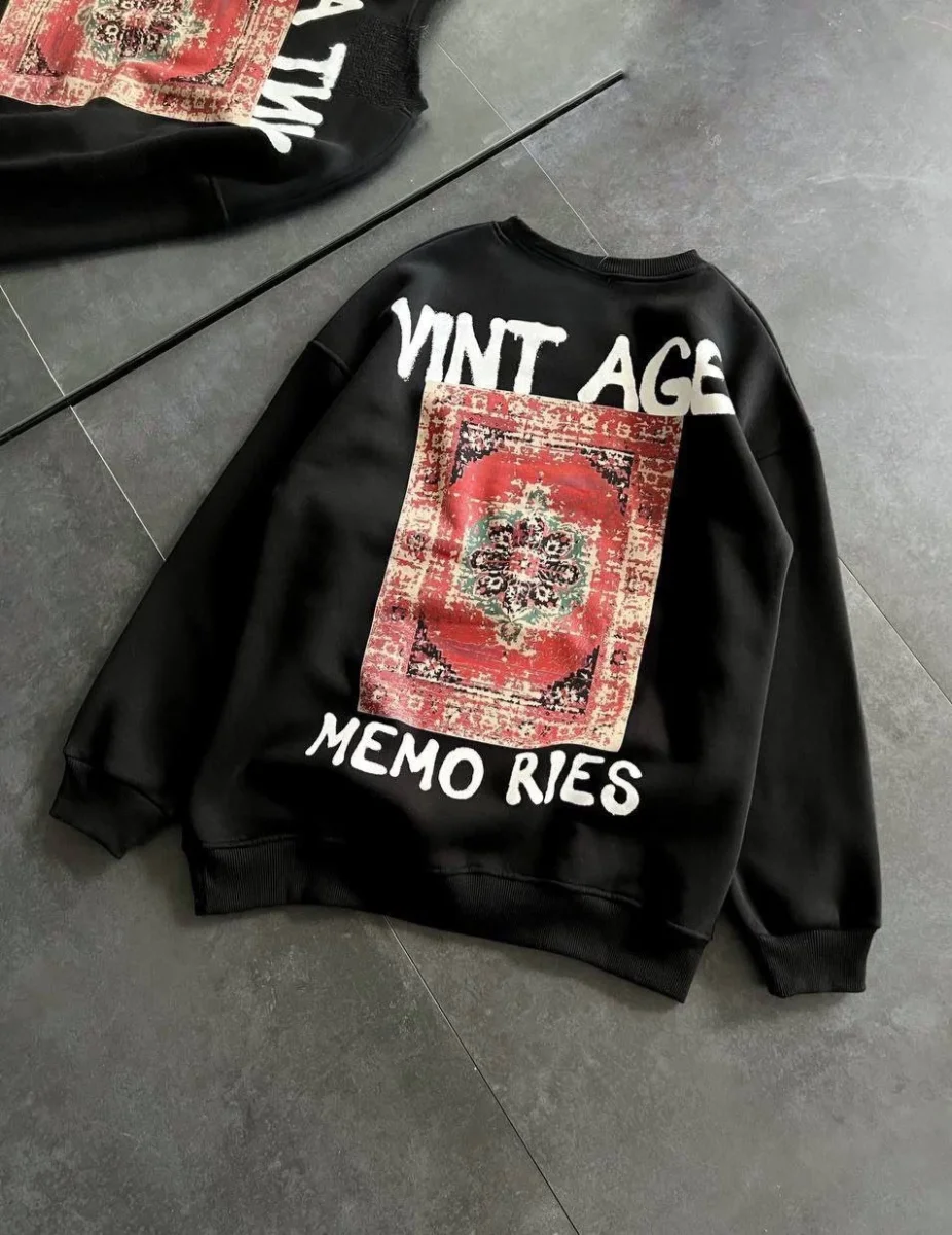 Bisiklet Yaka Üç İplik Baskılı Oversize SweatShirt - Siyah -