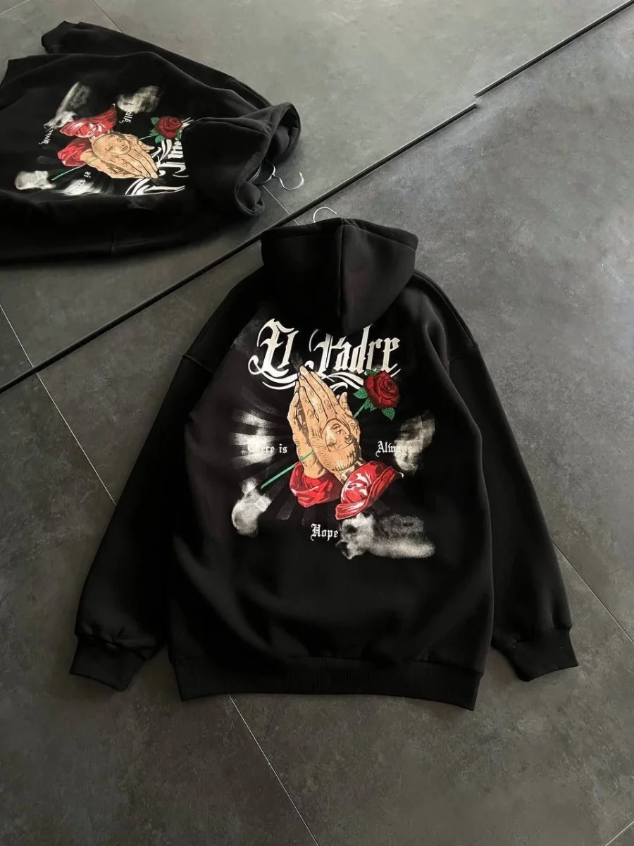 Üç İplik Penye Uzun Kol Kapşonlu Baskılı SweatShirt - Siyah -