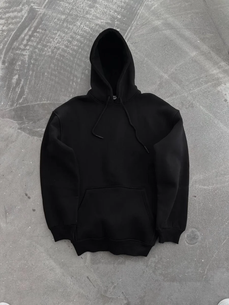 Kapüşonlu Üç İplik Penye Basic SweatShirt - Siyah -