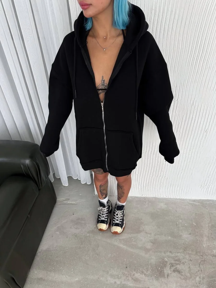 Oversize Tam Fermuarlı Uzun Kol Hırka - Siyah -