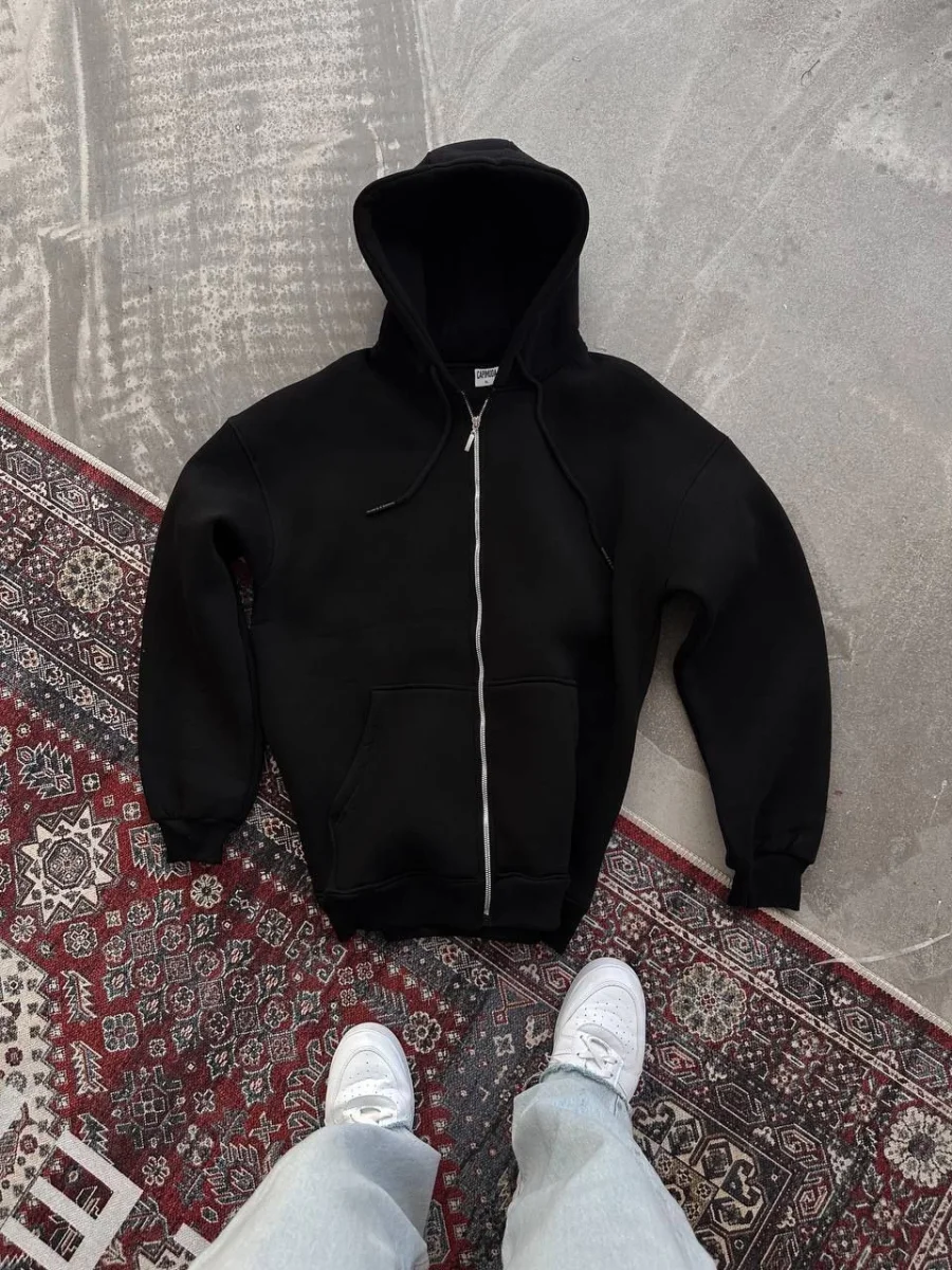 Oversize Tam Fermuarlı Uzun Kol Hırka - Siyah -