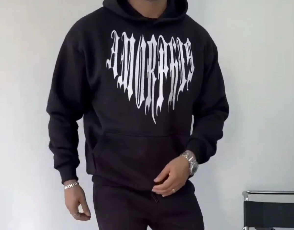 Uzun Kol Kapüşonlu Baskılı SweatShirt - Siyah -