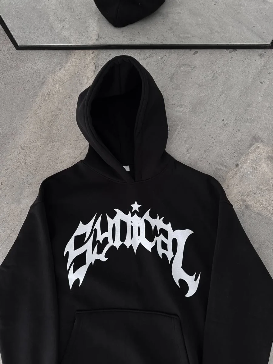 Üç İplik Kapüşonlu Baskılı Oversize SweatShirt- Siyah -