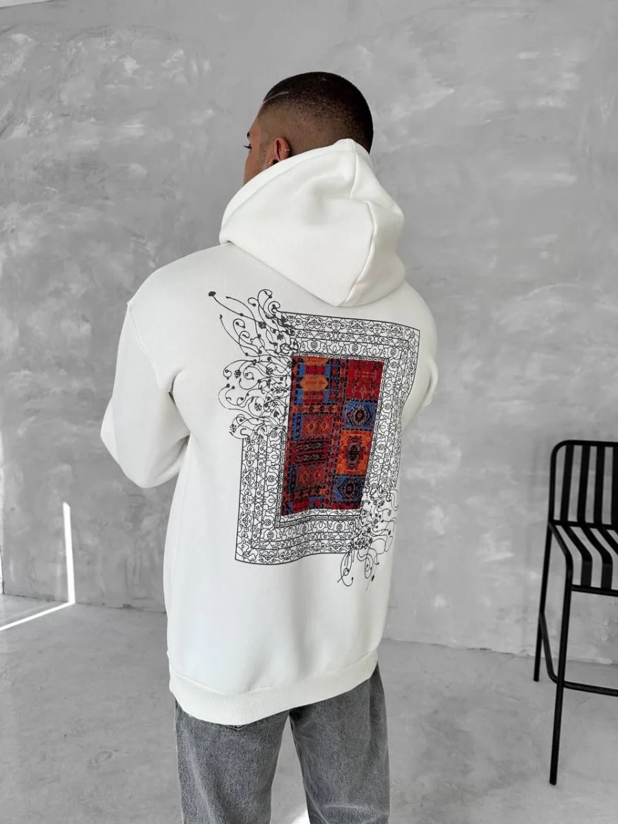 Uzun Kol Kapüşonlu Ön Ve Arka Baskılı SweatShirt - Beyaz -