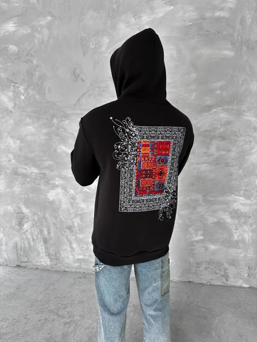 Uzun Kol Kapüşonlu Ön Ve Arka Baskılı SweatShirt - Siyah -