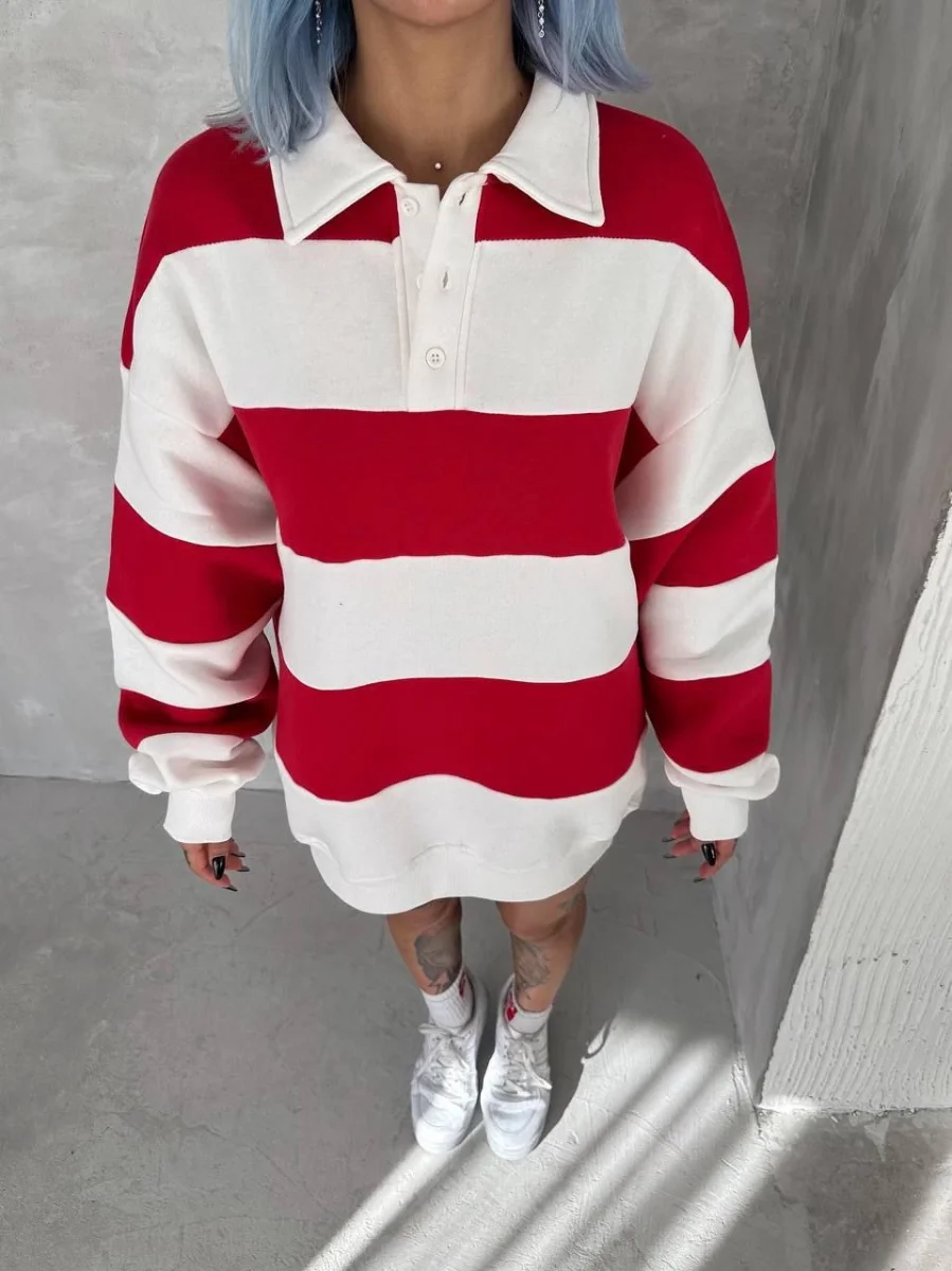 Üç İplik Parçalı Yakalı SweatShirt - Kırmızı -