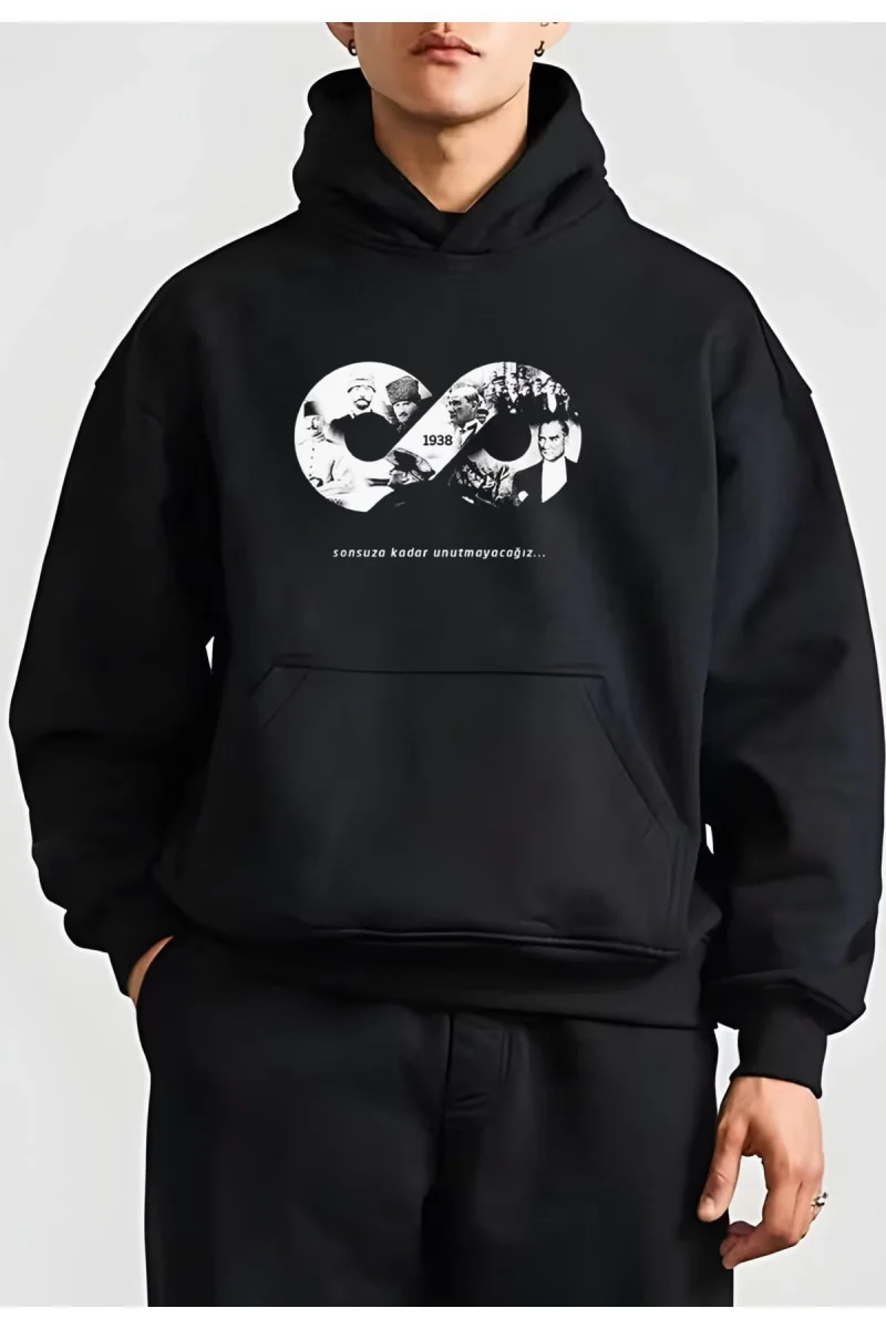 10 Kasıma Özel Üç İplik Kapüşonlu Baskılı SweatShirt - Siyah -