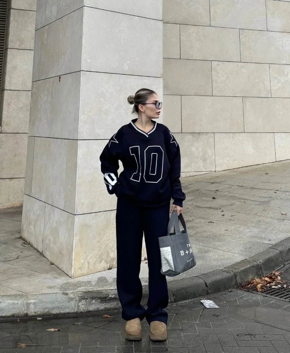 V Yaka Üç İplik Sweat Takım - Siyah -