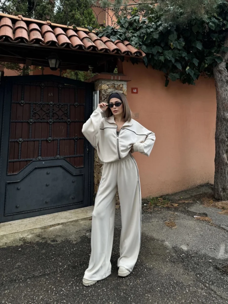 Fermuarlı Eşofman Pantolon İkili Takım - Beyaz -