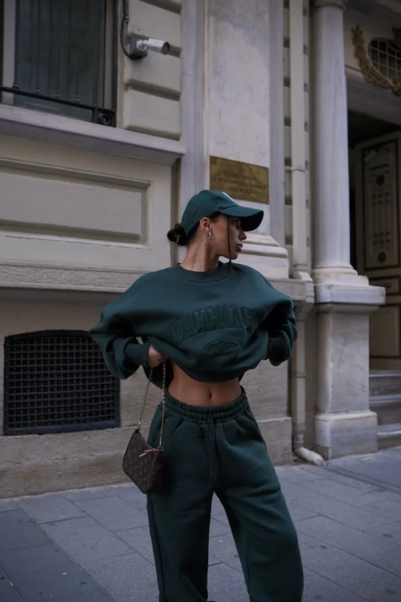 Bisiklet Yaka Nakış İşlemeli Üç İplik Sweat Takım - Yeşil -